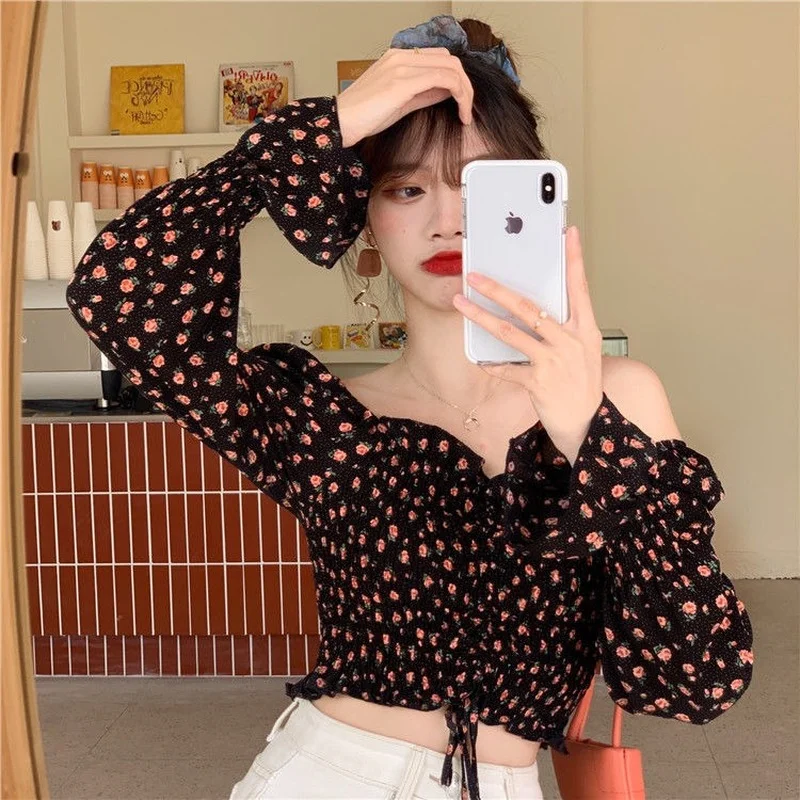 Spring Floral Blouses Women Shirring Sexy Slash Neck Crop Tops Long Sleeve Slim Purple Chiffon Blouse Mujer Sweet Friends Fungus