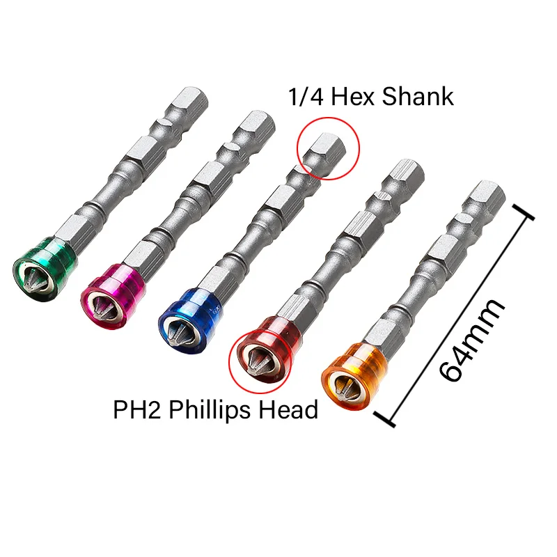 5Pcs S2 Alloy PH2 Phillips Single Head Magnetic Screwdriver Bits Anti-Slip 1/4 Inch Hex Shank Drywall Electric Screwdriver Set