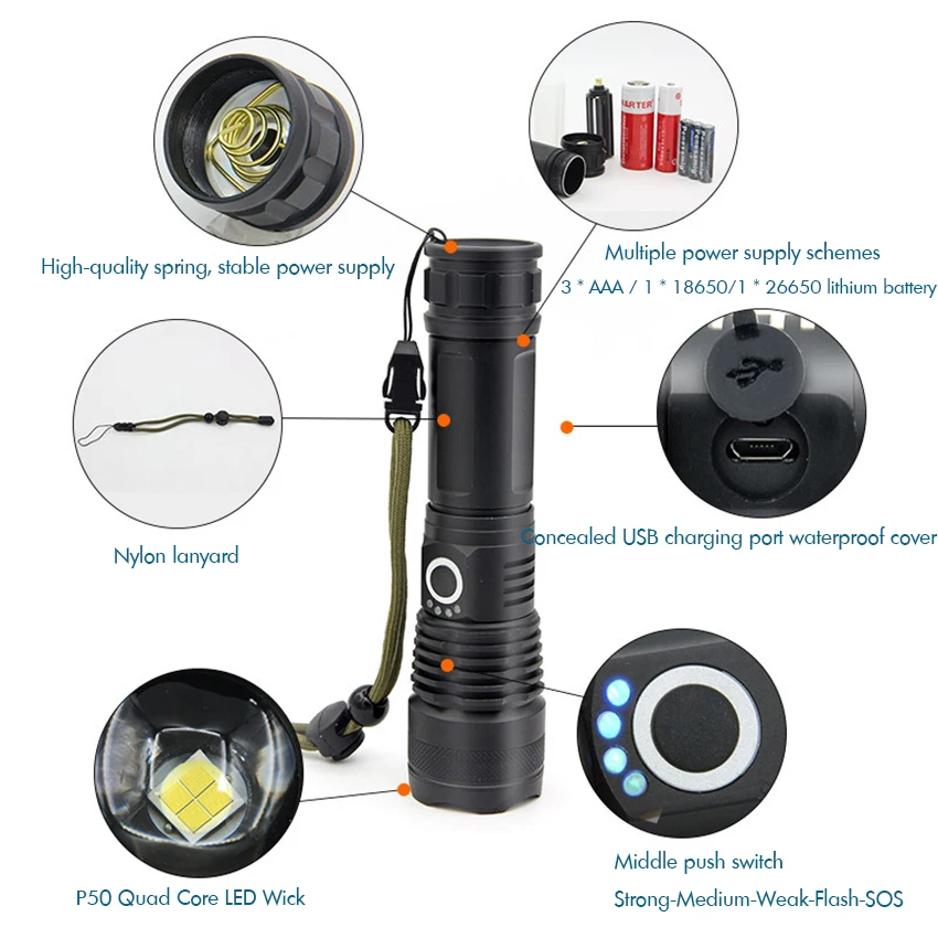 USB充電式P50LEDポケット懐中電灯,超高輝度屋外トーチ,充電インジケーター,ズーム可能,5つの照明モード