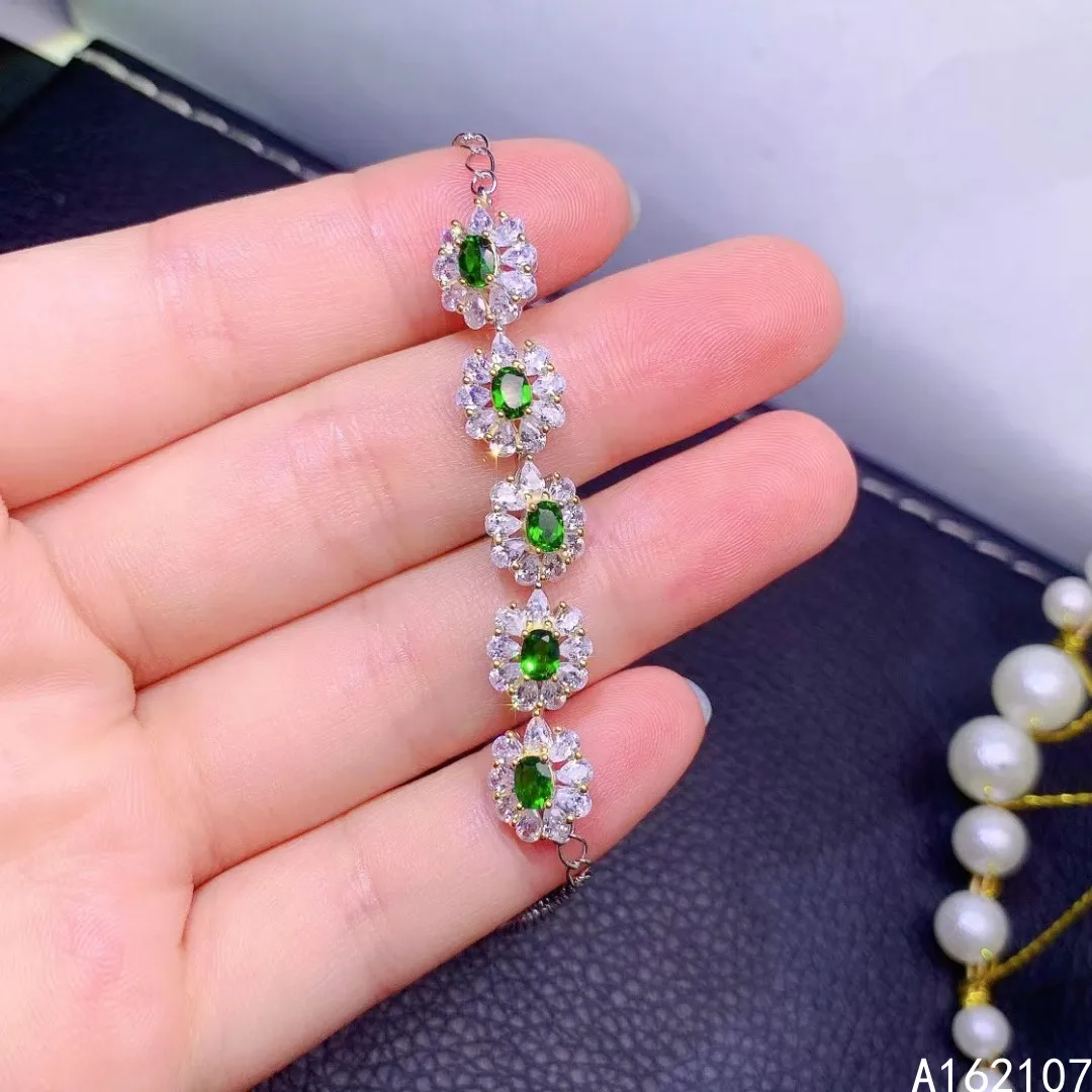 

Fine Jewelry 925 Sterling Silver Inset With Natural Gemstones Women's Luxury Trendy Flower Diopside Hand Bracelet Support Detect