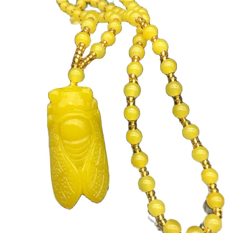 

Chinese Hand-Carved Jades Yellow Jade Gold Cicada Jade Pendant Necklace