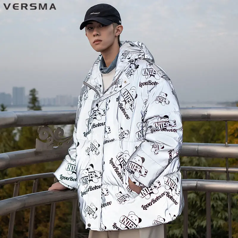 VERSMA Japanese Vintage Warm Shiny Jacket Coat Men Parka Winter Reflective Oversized Thick Unisex Cotton Men Women Jackets Coats