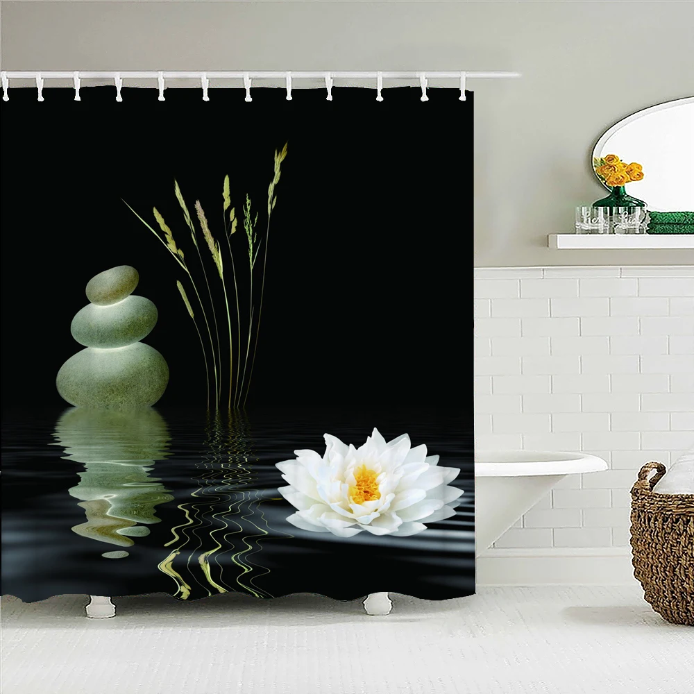 

Занавеска для ванны из дзен-камней, водонепроницаемая тканевая занавеска для душа с изображением текущей воды и зеленых растений, экран для ванной комнаты, домашний декор