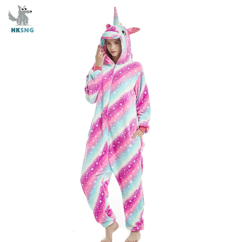 Kigurumi Adult Flannel New Stars Unicorn Onesie Cartoon Pajamas Animal Halloween Party Costume Jumpsuits Hooded Pyjamas Suit