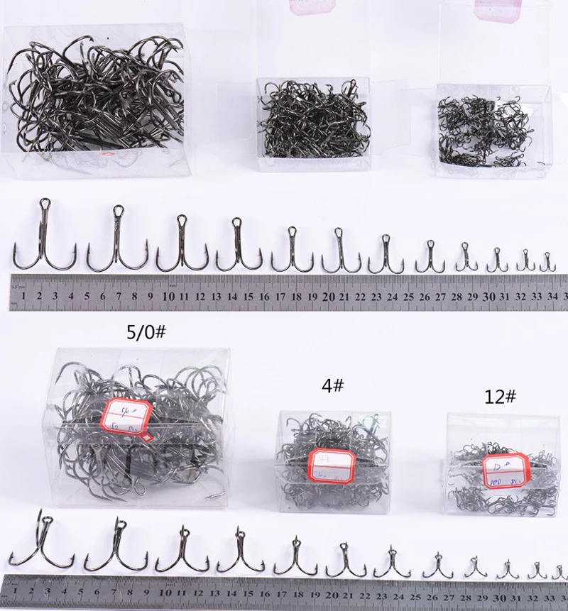 100pcs Multiple Size Treble Hooks Fishing Hook for Lures Size 12 10 8 6 4 2  1 1/0 2/0 3/0 4/0 5/0 Black Color [YG0001]