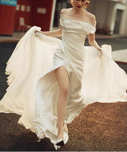 

Jusere bridal dress elegant silk satin wedding dress off the shoulder bridal gown with sweep seperate train