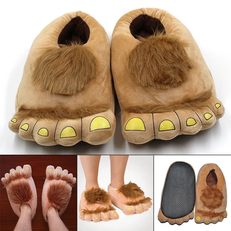 Newly Furry Warm Slippers Big Hairy Unisex Savage Hobbit Feet Plush Home Slippers Halloween Shoes