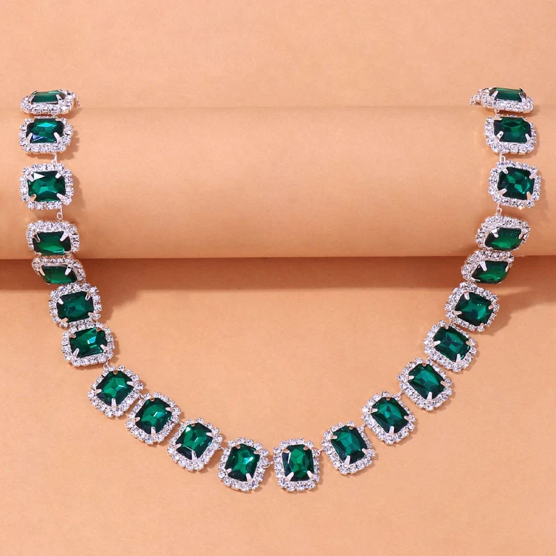 Stonefans Luxury Green Crystal Collar Chain Choker Necklace for Women Statement Rhinestone Cube Square Necklace Choker Jewelry