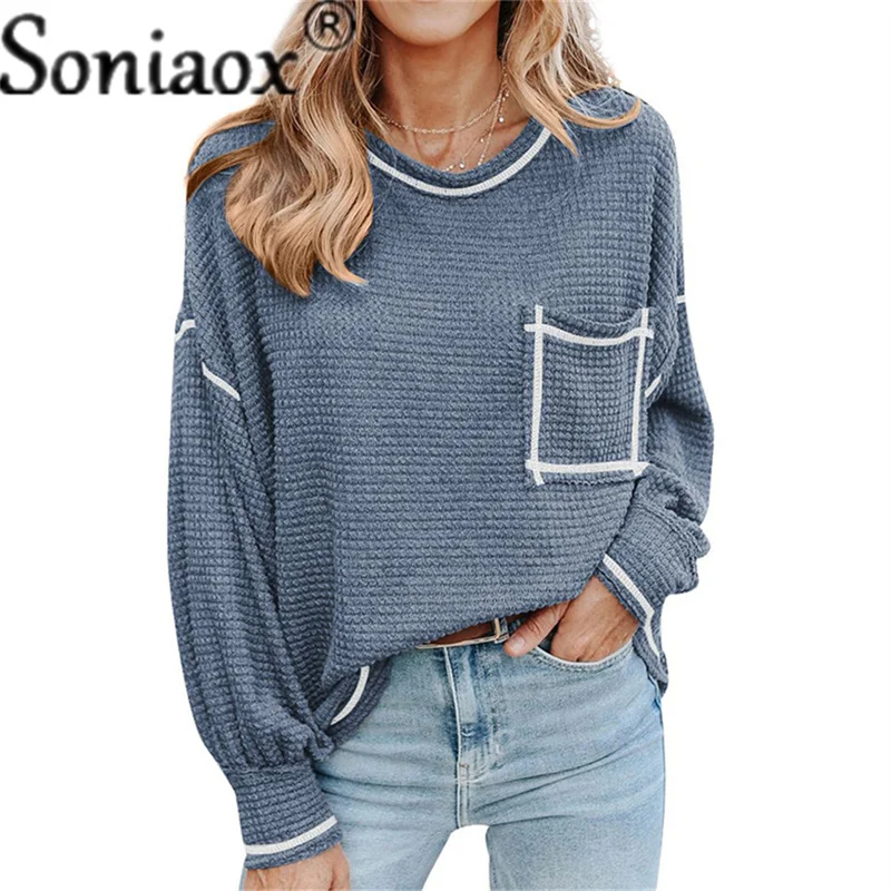 2021 Spring Autumn Casual Sweater Women Lantern Loose Long Sleeves O-Neck Tops Ladies Pocket Knitting T Shirt Pullover