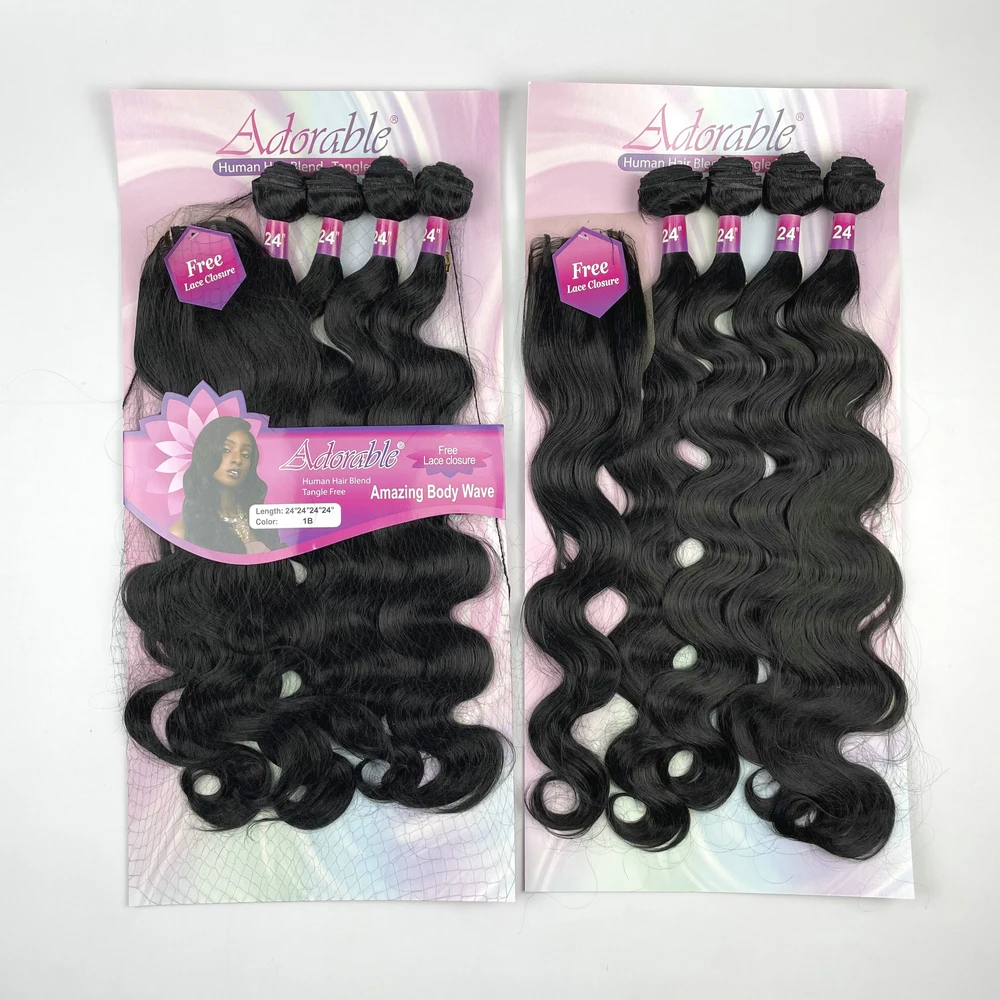 Paquetes de cabello sintético Adorable, paquete completo de solución, hecho a máquina gratis, cierre de encaje 4x4, 24 pulgadas, negro, onda corporal increíble, 4 piezas