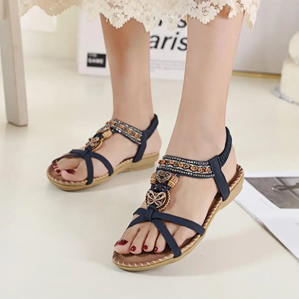 Flower Print Sandals Women 2021 Summer Shoes Elastic Band Woman Beach Shoes Ladies Open Toe Sandalias Mujer Female Flats Shoes