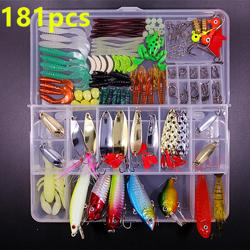 

181pcs Fishing Lures Set Baits Tackle Crankbaits Spinnerbaits Plastic Worms VIB Jigs Topwater Lures Tackle Box Carp Fishing