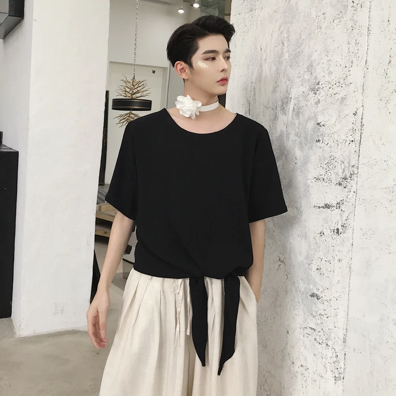 Men Korean Casual Men And Women With The Same Tie Design Loose Solid Color T-Shirt Loose Large Size Round Neck Short Sleeves