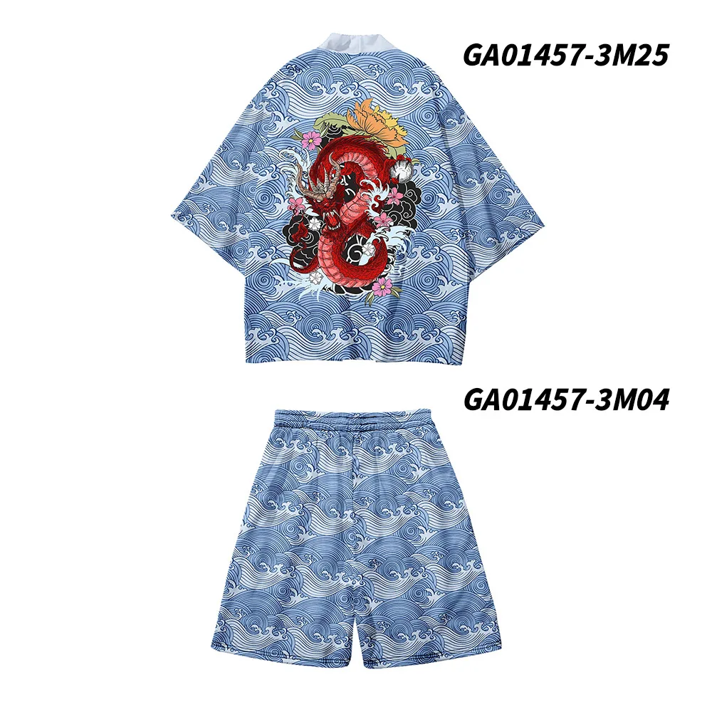 Harajuku Carp Print Cardigan Haori Cosplay Kimono Shorts Sets Japanese Traditional Clothes Shirt Women Men Two-piece Suit Yukata