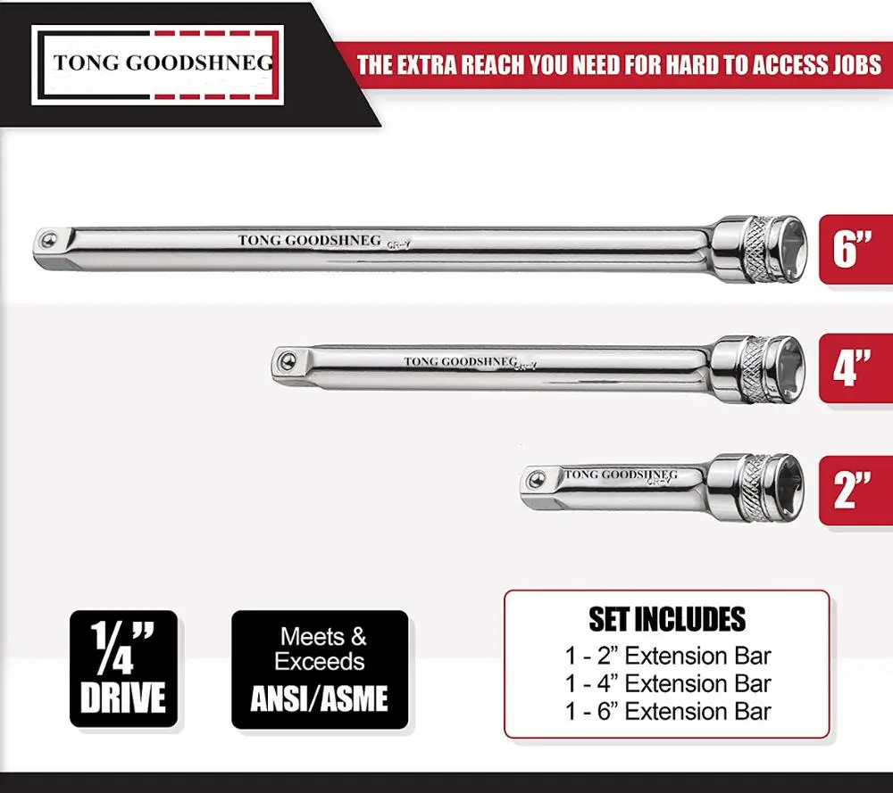 3-Piece 1/4-Inch Drive Socket Extension Set 2'' 4'' 6'' 10''Extensions Premium Chrome Vanadium Steel,Drive Socket Sets
