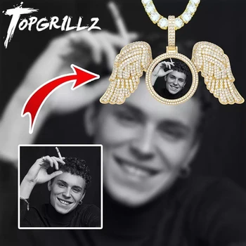 TOPGRILLZ New Angel Wings Custom Photo Locket Necklace & Pendant Iced Out Cubic Zirconia Necklace Hip Hop Jewelry Gift