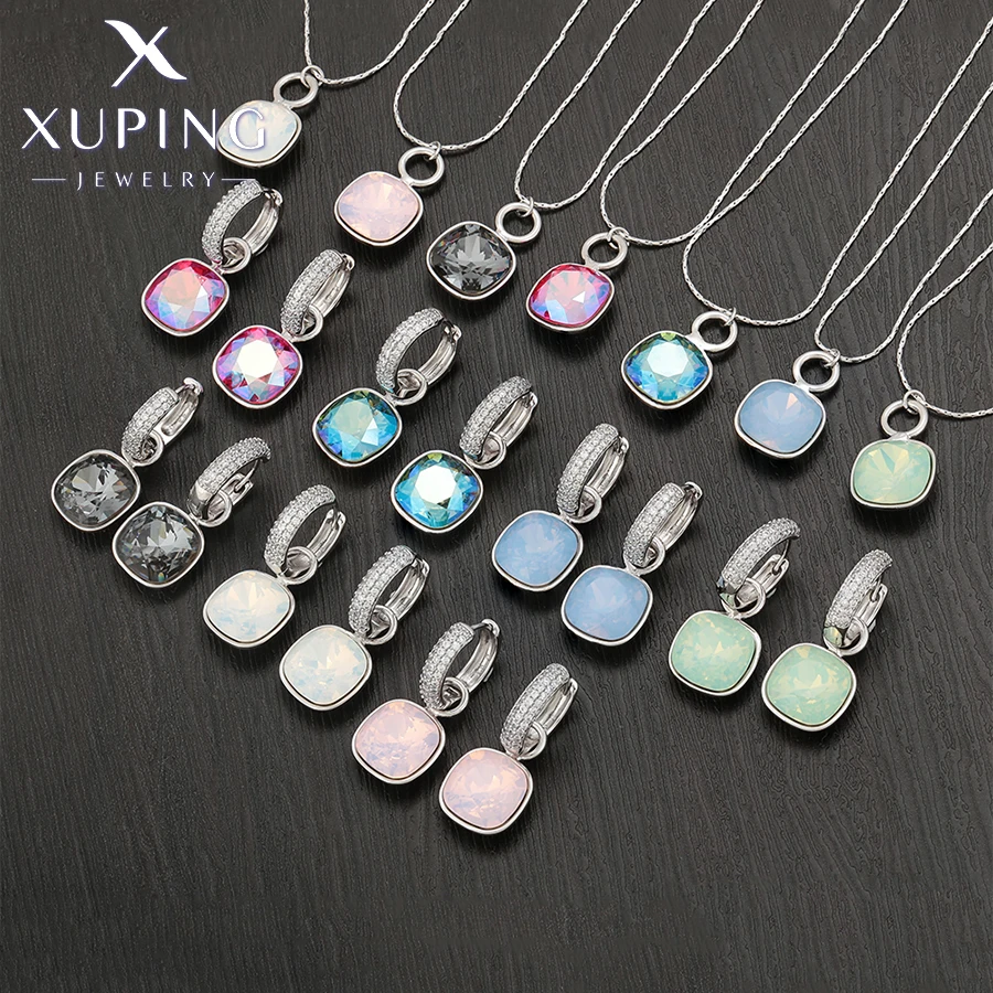 Xuping Jewelry Popular Square Shaped Crystals Jewelry Set with Necklace and Earrings for Women Gift