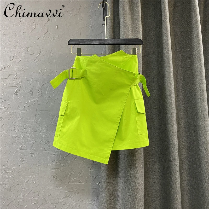 

Casual Fashion Women High Waist Short Fluorescent Green Skirt Lady Clothing Irregular Hem A- Line Skirt