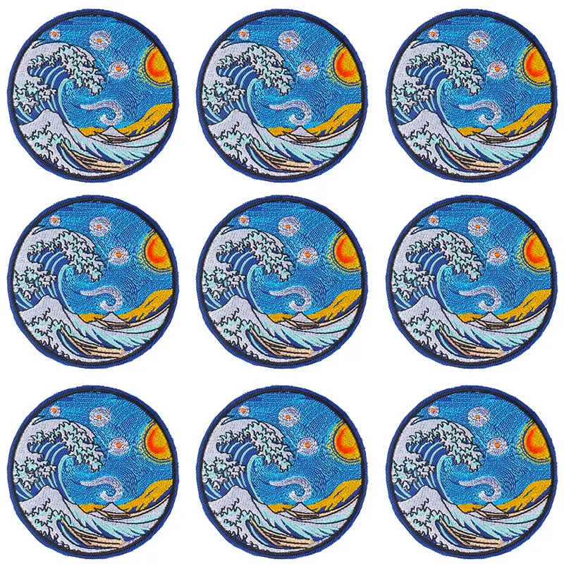 Pulaqi 10PCS Van Gogh Patch Waves Water Wholesale Patches Iron On Patches For Clothing Stripe Wholesale Dropship Custom Patch