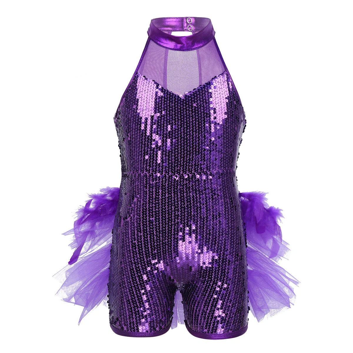 

Kids Girls Jazz Dance Costume Sleeveless Mock Neck Shiny Sequins Mesh Tutu Ballet Dance Leotard Latin Dance Wear Ballet Dress