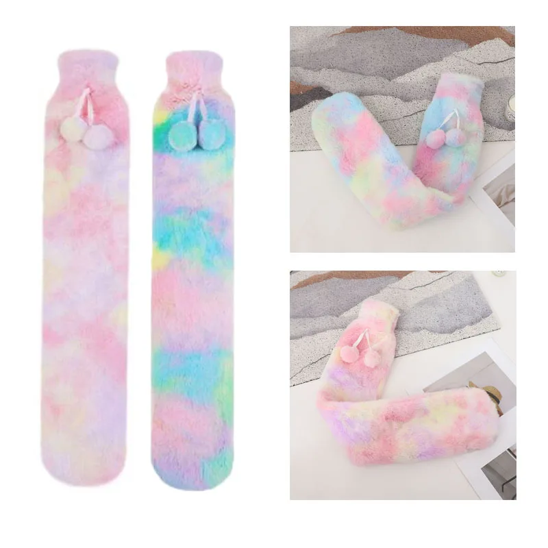 2L Hot Sale Rainbow Long Hot Water Bottle Removable Cover Thermotherapy Creative Christmas Gift Fluffy Warm Hot Water Bags 72cm