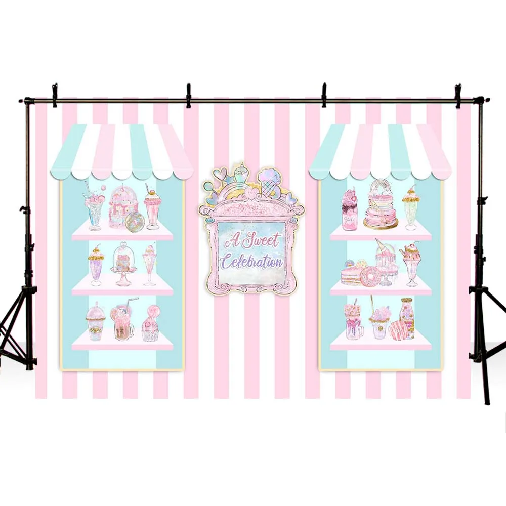 Mehofond Sweet Celebration Party Backdrops Ice Cream Cake Pink Stripe Dessert Shop Baby Birthday Decor Photography Background