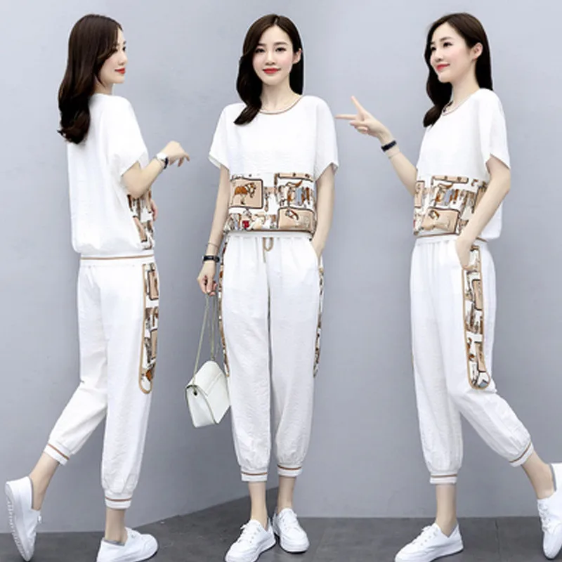 

Summer Large Size Women Sets 2022Fashion Casual Female Sportswear Suit Printed Short Sleeve Tshirts+ Pants Two-piece Set W2057