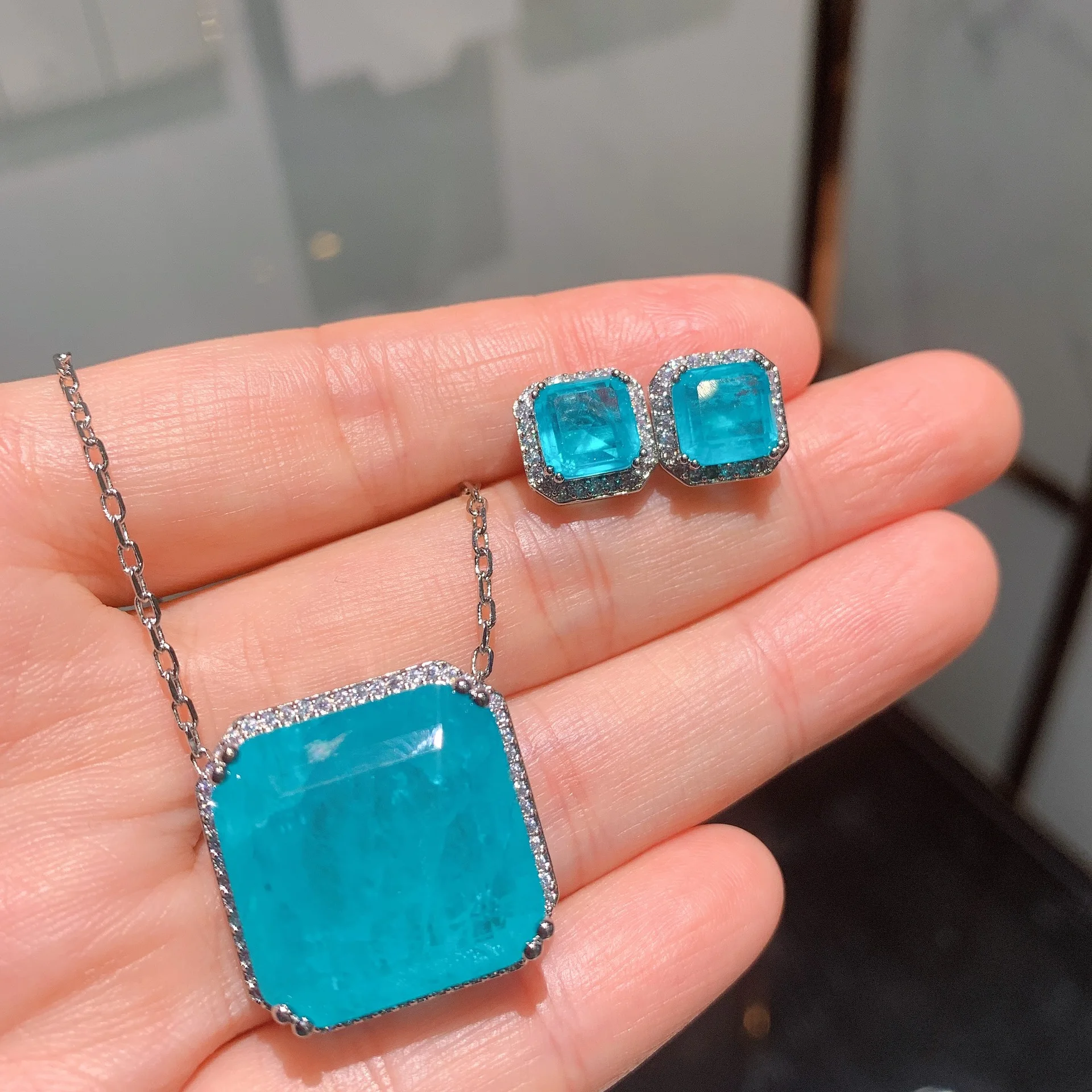 QTT Paraiba Tourmaline Stone Square Set Stunning Wedding Accessories Silver Color Necklace Earrings Female Set 2 Pcs