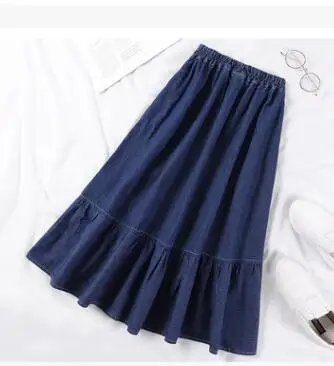 1pcs/lot  Female A-Line Long Denim Skirt Women casual elastic waist Jeans Skirts Dark Blue,Light Blue Plus size