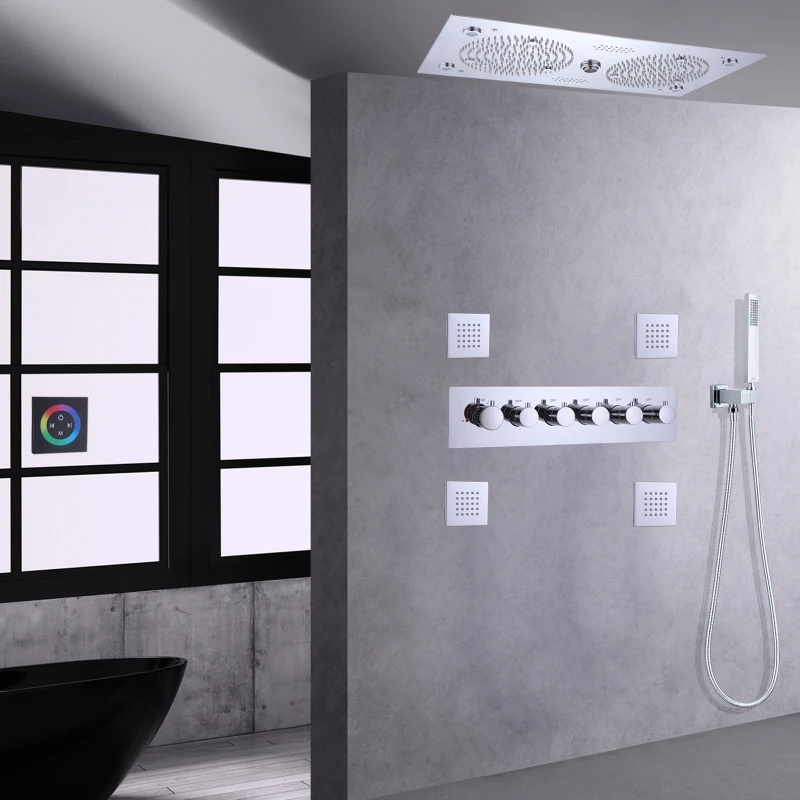 Shower Faucet Set 620*320mm LED Thermostatic Bathroom With Music Features Chrome Polished Shower System With Handheld