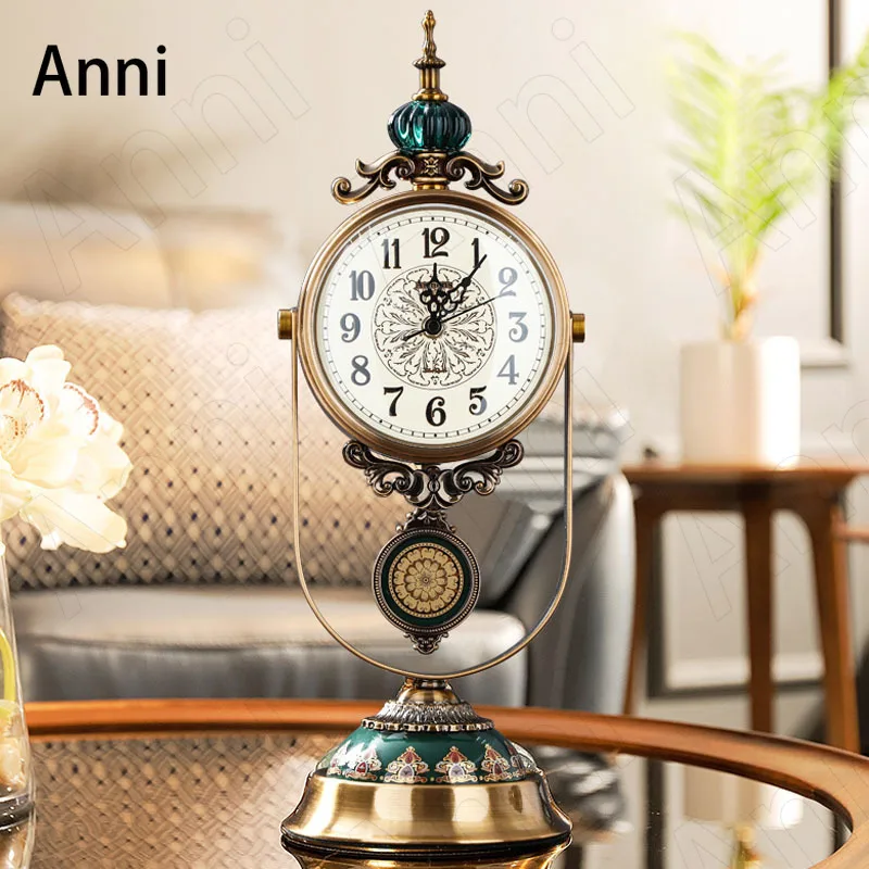 European Vintage Copper Plating Table Clock Creativity Gold-painted Glass Carving Craft Desktop Clocks Living Room Decoration