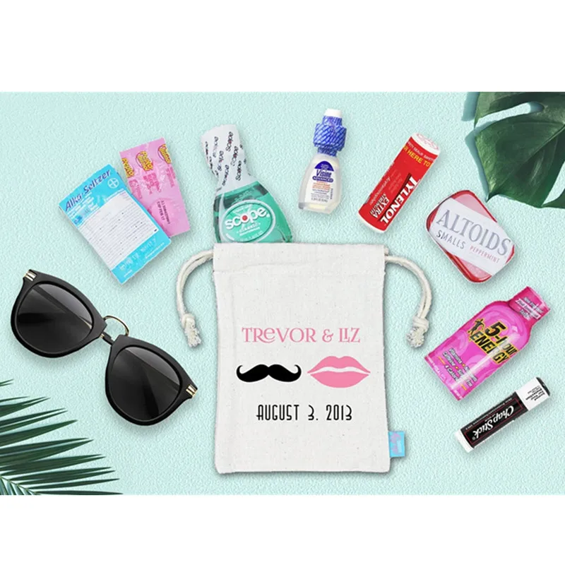 50pcs Custom Lip & Mustache Personalized Welcome Wedding Gift Bag- Heavy Weight Cotton Canvas Double Drawstring Mini Favor Bags