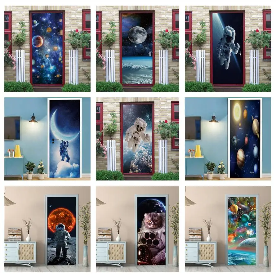 Starry Sky Door Sticker 3D Planet Astronaut Space Planet Wallpapers Wall Stickers Adhesive Boy Kids Room Decoration Poster Mural