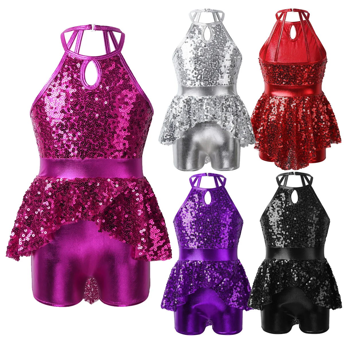 Kids Girls Sequins Caged Back Ballet Dance Costume Shorty Unitard Dress for Jazz Lyrical Contemporary Figure Skating Dance Wear