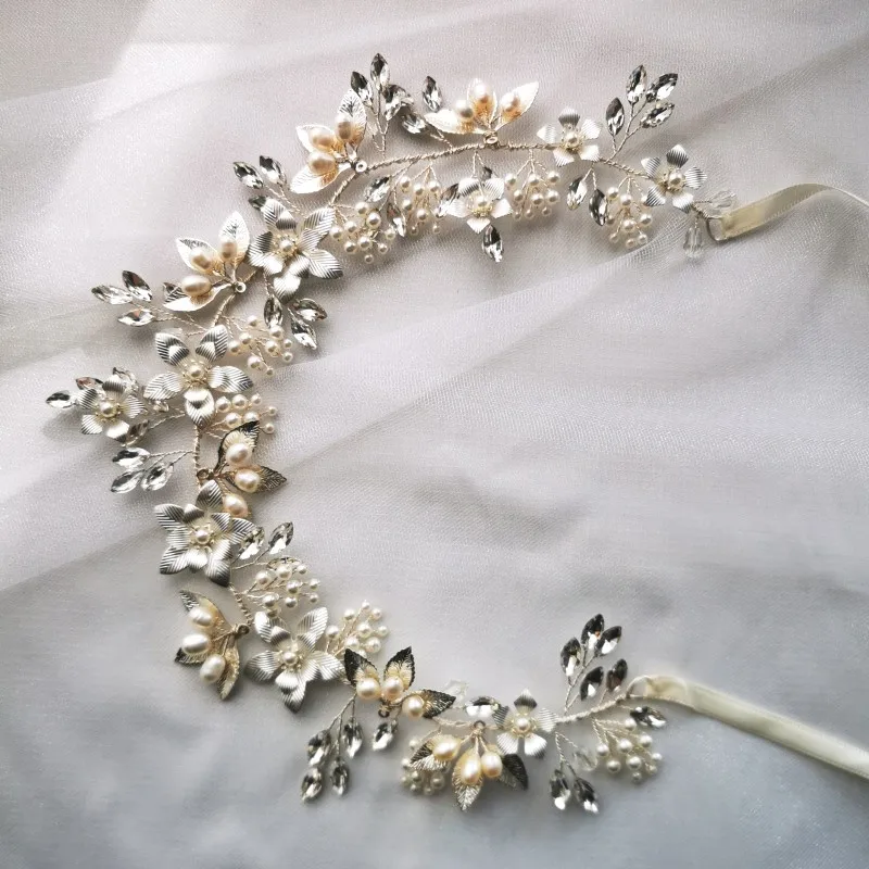 Gold Silver Color Floral Bridal Headband Hair Tiara Freshwater Pearls Wedding Jewelry Handmade Women Crown