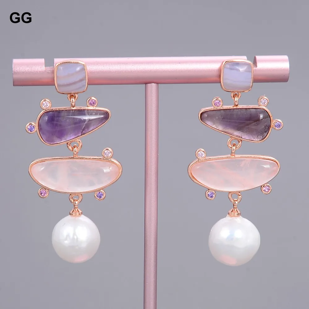 GG Natural White Pearl Blue Chalcedony Rose Quartz Amethyst Dangle Stud Earrings