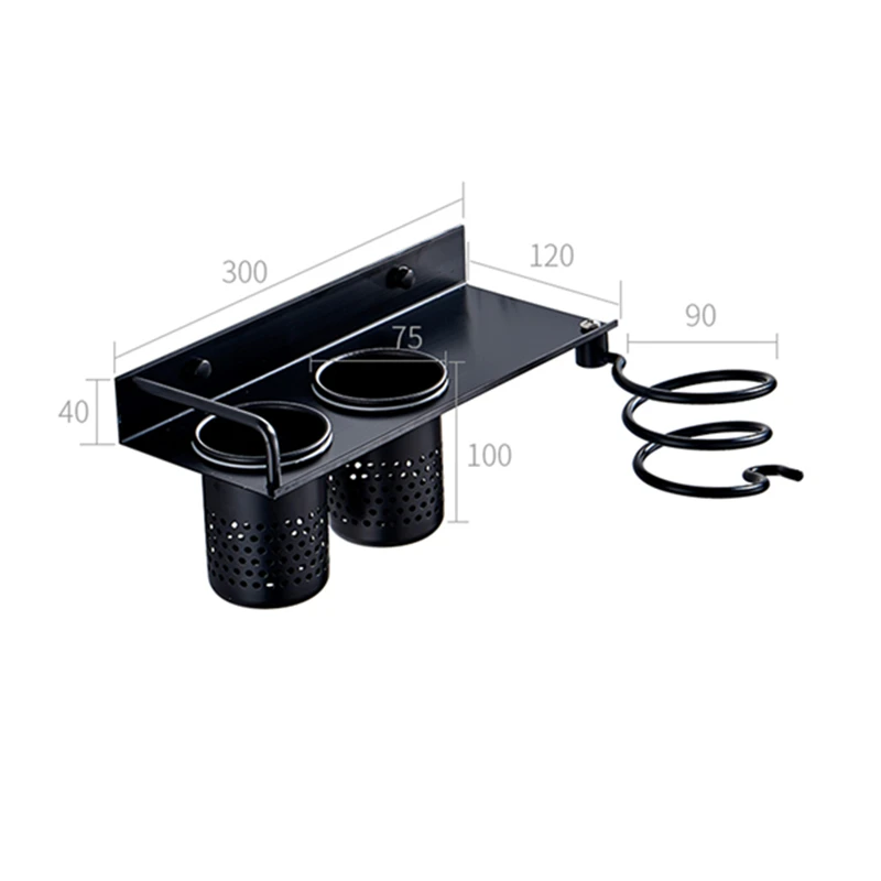Black/Silver Hair Dryer Bracket Hanging Hair Dryer Organiser Shelf Wall Mounted Nail-perforated Bathroom Hardware Stand Aluminum