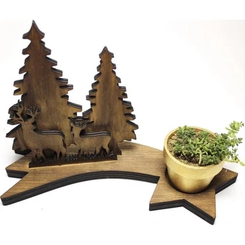 Folk Bookstore Wooden Tree, Deer and Floating Star Concrete Jardiniere