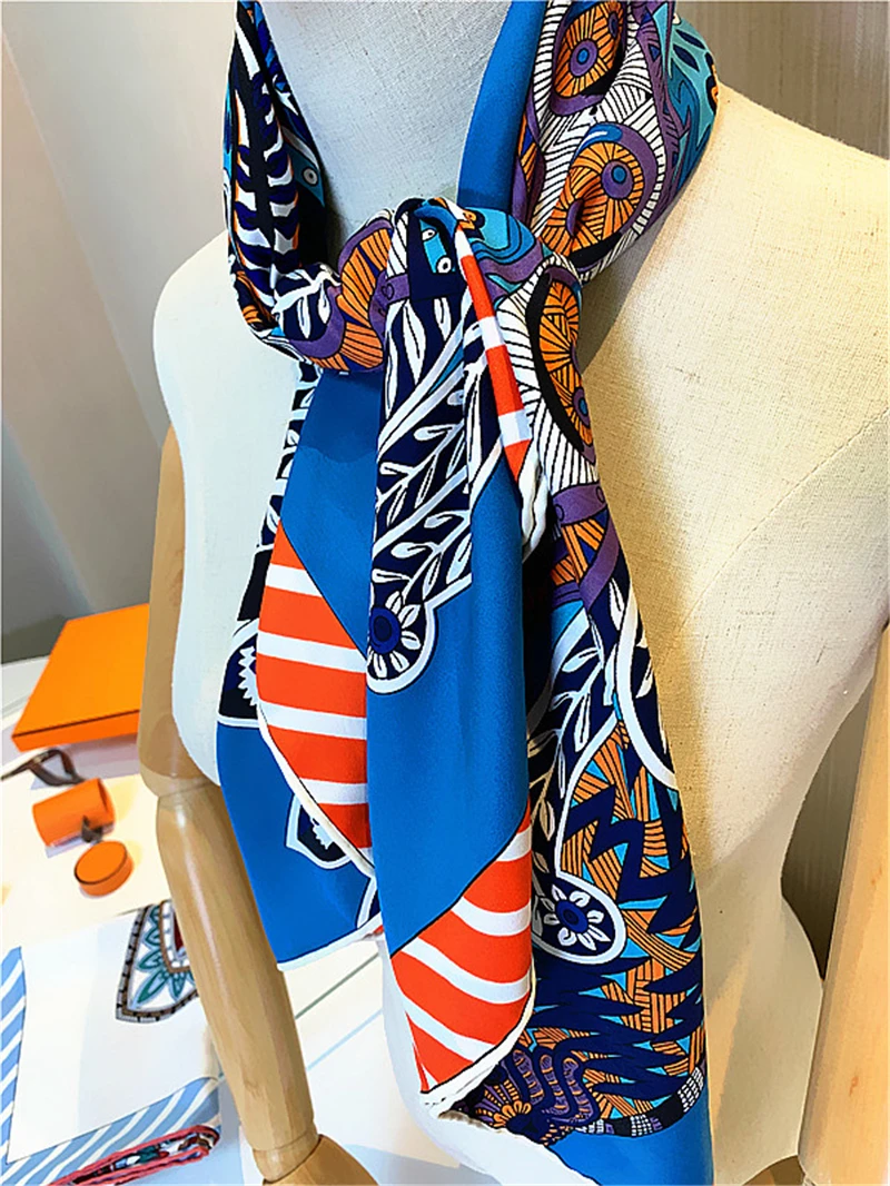 Women Scarves Hijabs Design Satin Hand-curled edges plants and flowers cashew female professional twill square shawl scarf cloak