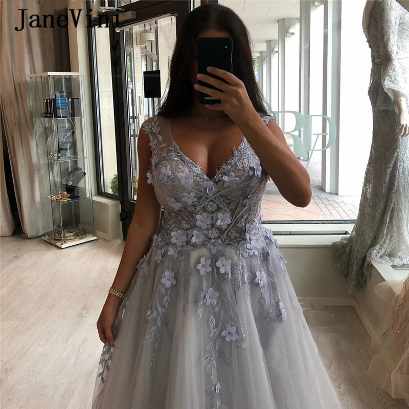 JaneVini 2020 Neueste EINE Linie Sexy Prom Langes Kleid Tiefe V-ausschnitt Ärmellose Handgemachte 3D Blumen Tüll Plus Szie Arabisch prom Kleider