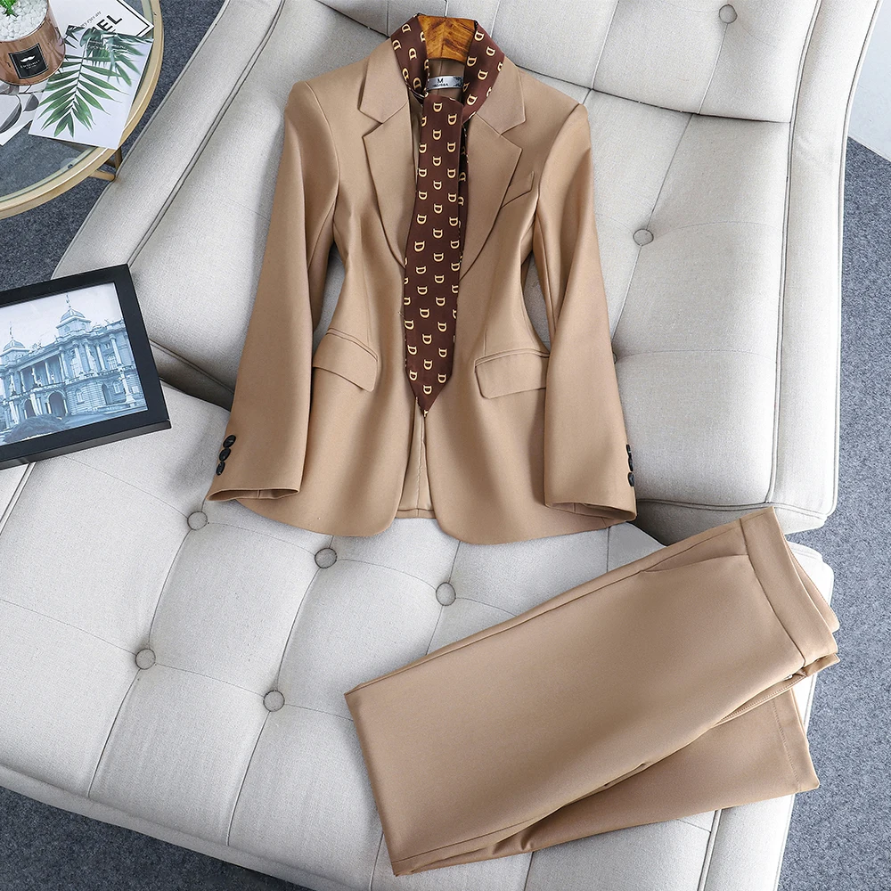 New Arrival Elegant Black Khaki Pant Suit Women Female Business Formal 2 Piece Set Blazer And Trouser For Office Ladies Work