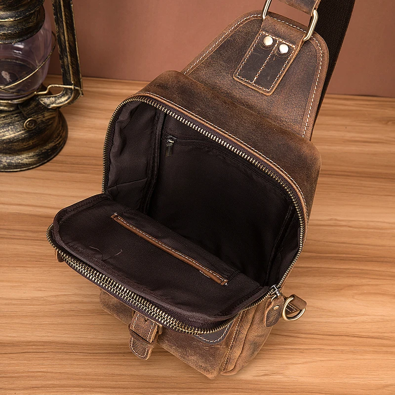 2021 Real Soft Leather Unique Travel Triangle Chest Sling Bag Design 8