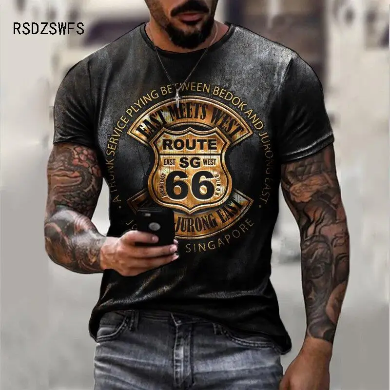 Fashion 66 Letters Printed Mens T Shirt Casual Vintage Short Sleeve Handsome Man Sports Tees Trendy Street Style Unisex T Shirts