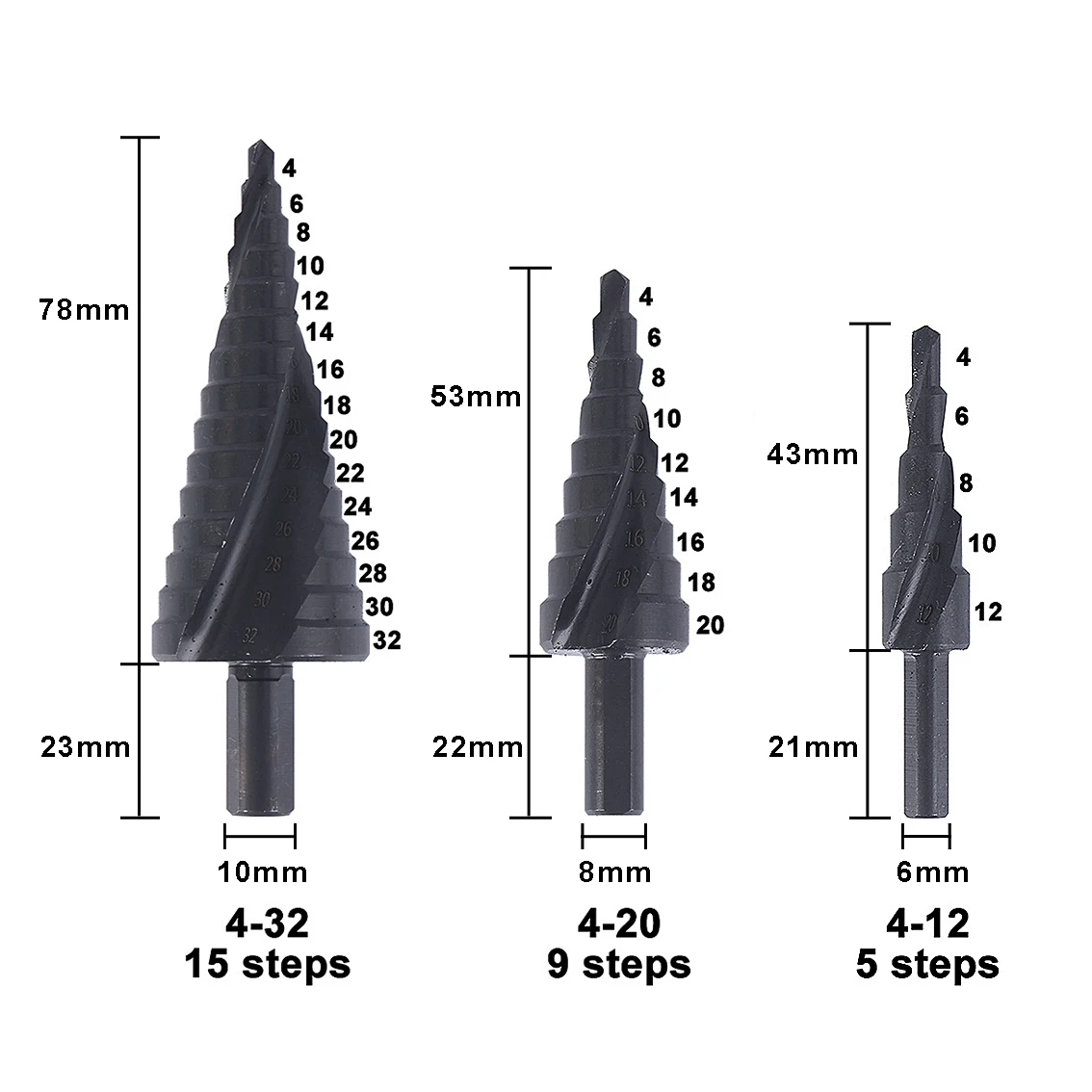 3 Stks/set 4-32Mm Hss Kobalt Stap Stapte Boor Set Stikstof Hoge Snelheid Stalen Spiraal Voor Metalen cone Driehoek Schacht Gat