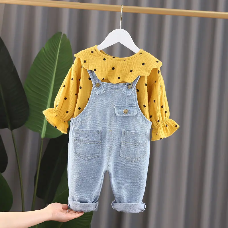 

Children's clothing set Kids Baby jeans Pants Girl Trousers Set New Children's Denim Overalls + T-shirt Tops 2 Sets
