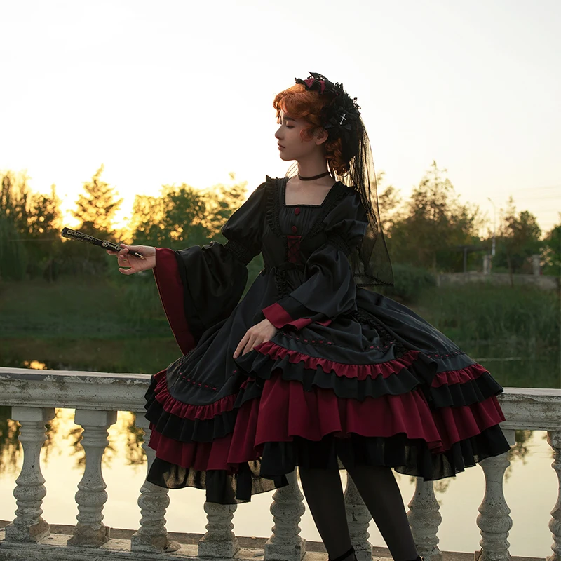 Đầm Tay Dài Cổ Vuông Phối Lolita Áo Cosplay Loli Cos Gothic Lolita Thần Thoại Hy Lạp Thời Victoria Đầm Nữ Trang Phục