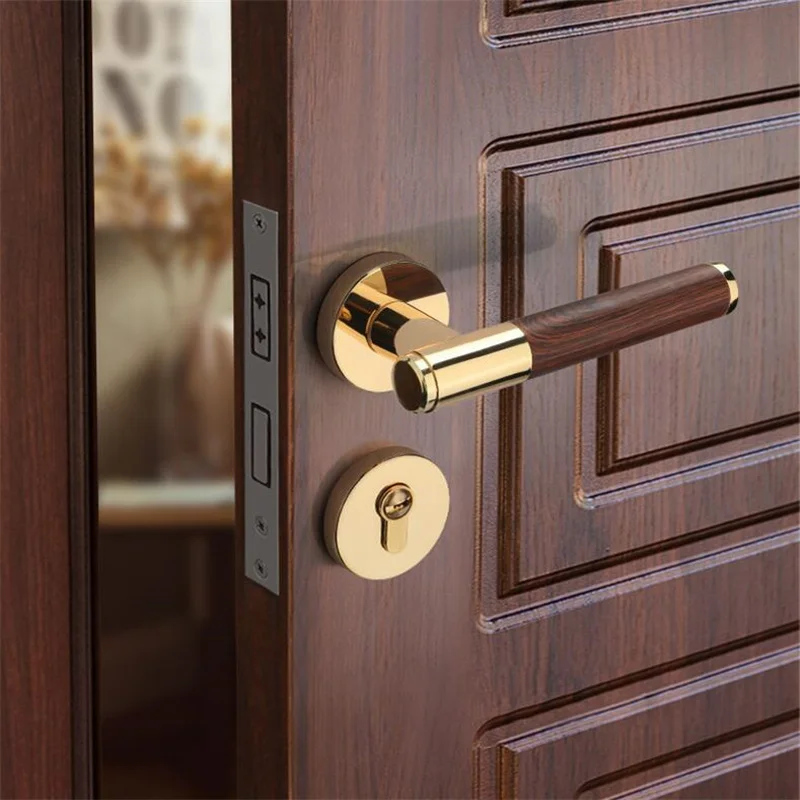 INS Wood Texture Straight Handle Door Lock Gold Indoor Room Bedroom Split Door Lock Set Household Silent Lock With Body And Keys