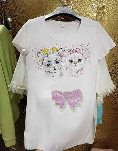 ฤดูร้อน Rhinestone Heavy Industry เงาเสื้อยืดผู้หญิง Cat Bow เด็กฝ้าย Top Tees