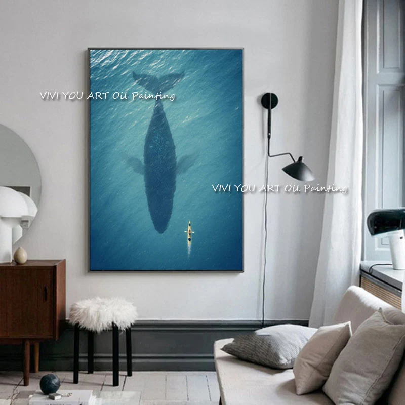 The Handmade Whale Fish Blue Sea Abstract Modern Brush Oil Painting On Canvas Handpainted New Creative Wall Art For Home Decor