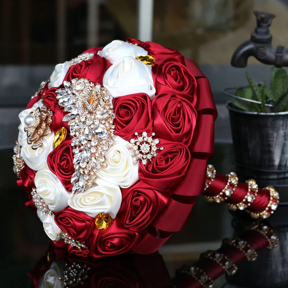 WifeLai-A Elegant Dark Red Bridal Wedding Bouquets Shining Crystal Brooch Holding Wedding Bouquets W375G